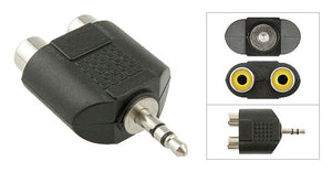 3.5mm Stereo Male Plug to (2) RCA Female Jack Adapter, Plastic Housing, Nickel Contacts - Deep Surplus